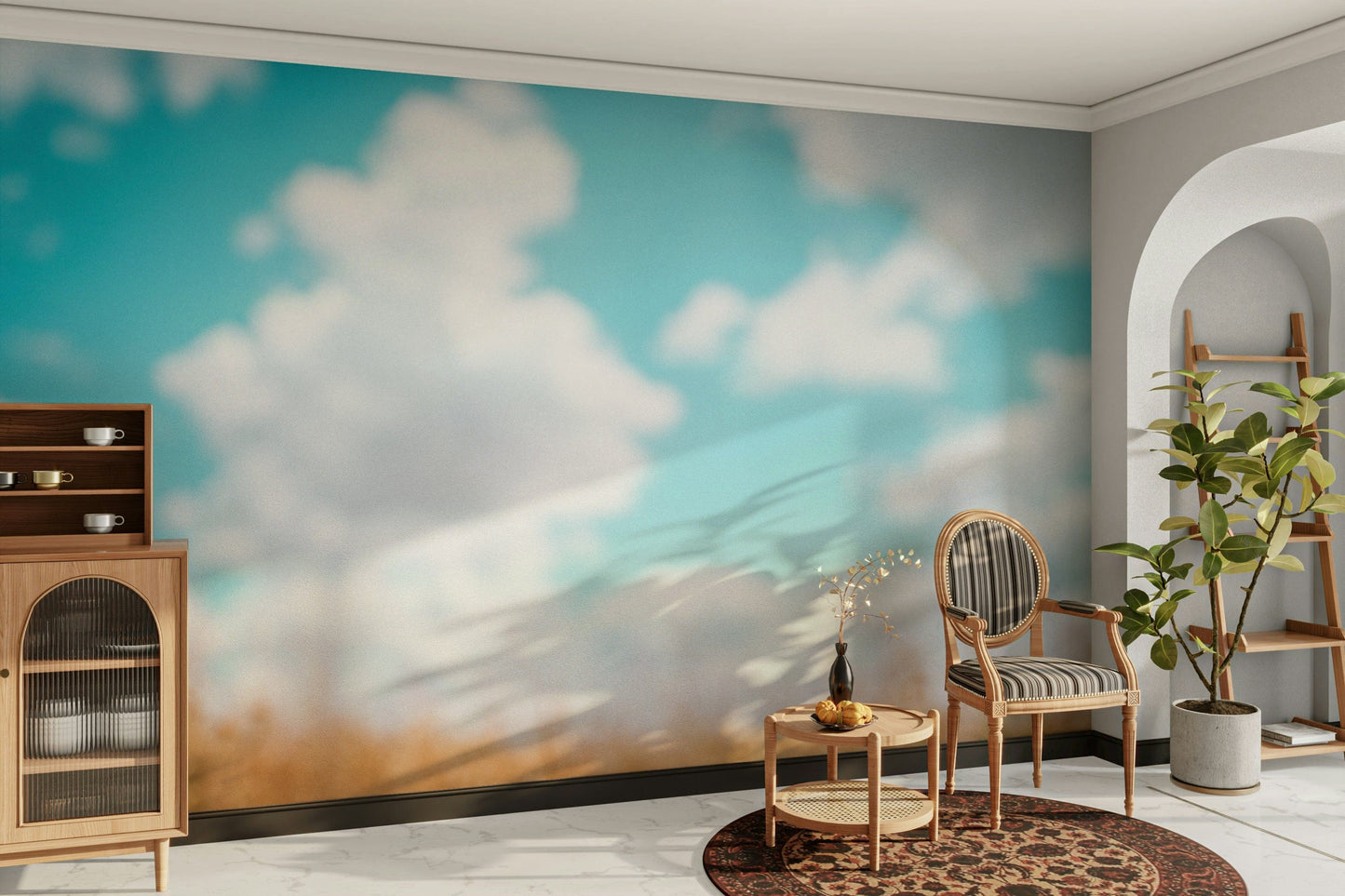 A high-angle view of the wall mural in a large space.


