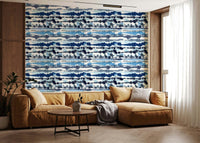 Home décor idea using Blue Tide Wallpaper for a tranquil study or home library.