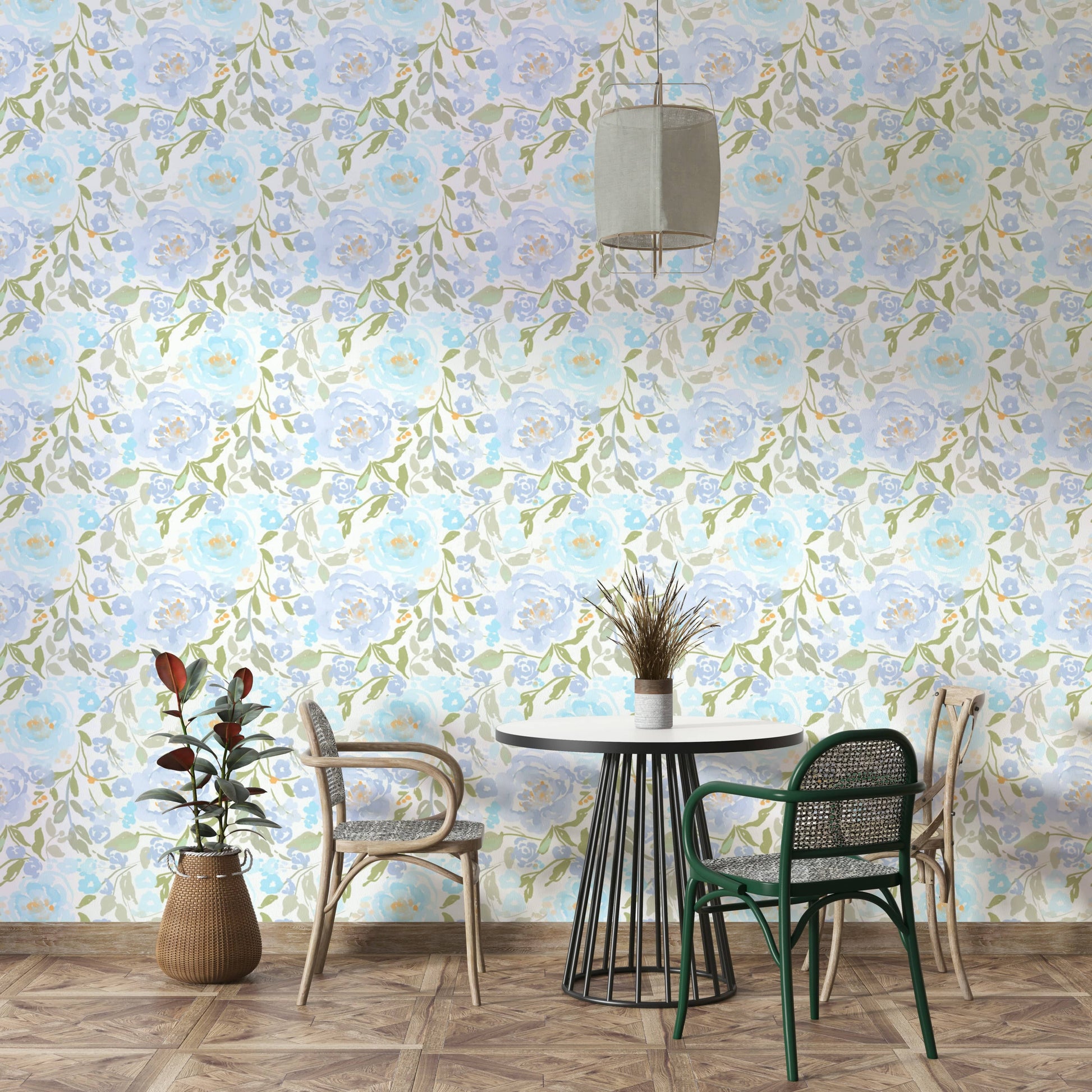 A graceful subtle blossom wall mural in cool, natural tones.

