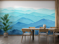Blue Watercolor Waves Mountains Wallpaper Murals - Giffywalls