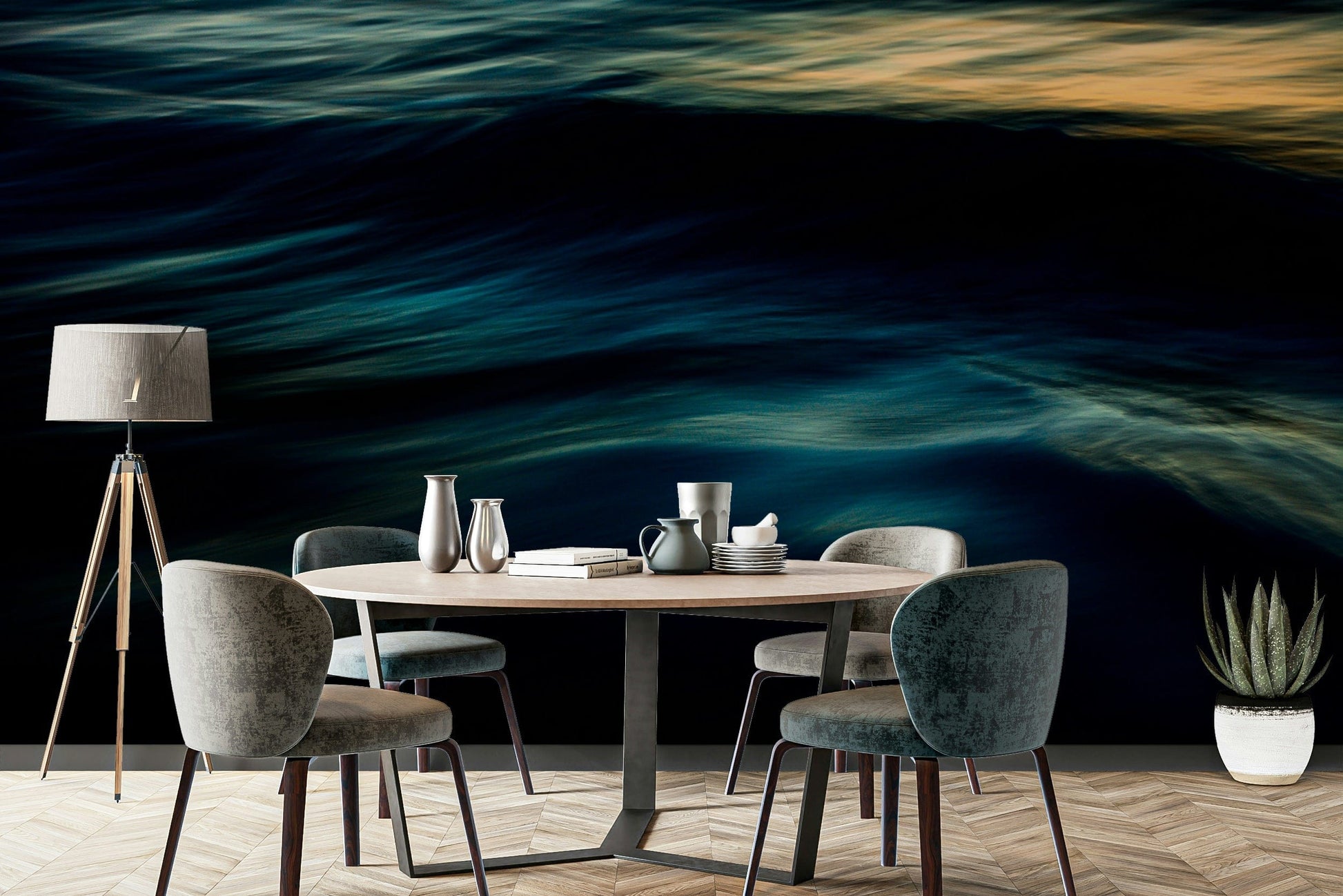 An artistic coastal scene mural on minimalist wallpaper.

