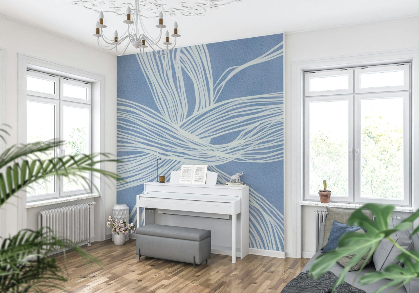 Custom wallcovering Blue Weave lovely white strands elegant knot design
