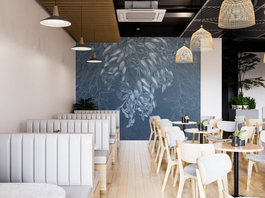 Flowers Blue White Living Room wallpaper mural of white blooms on deep blue in a cafe with white booths