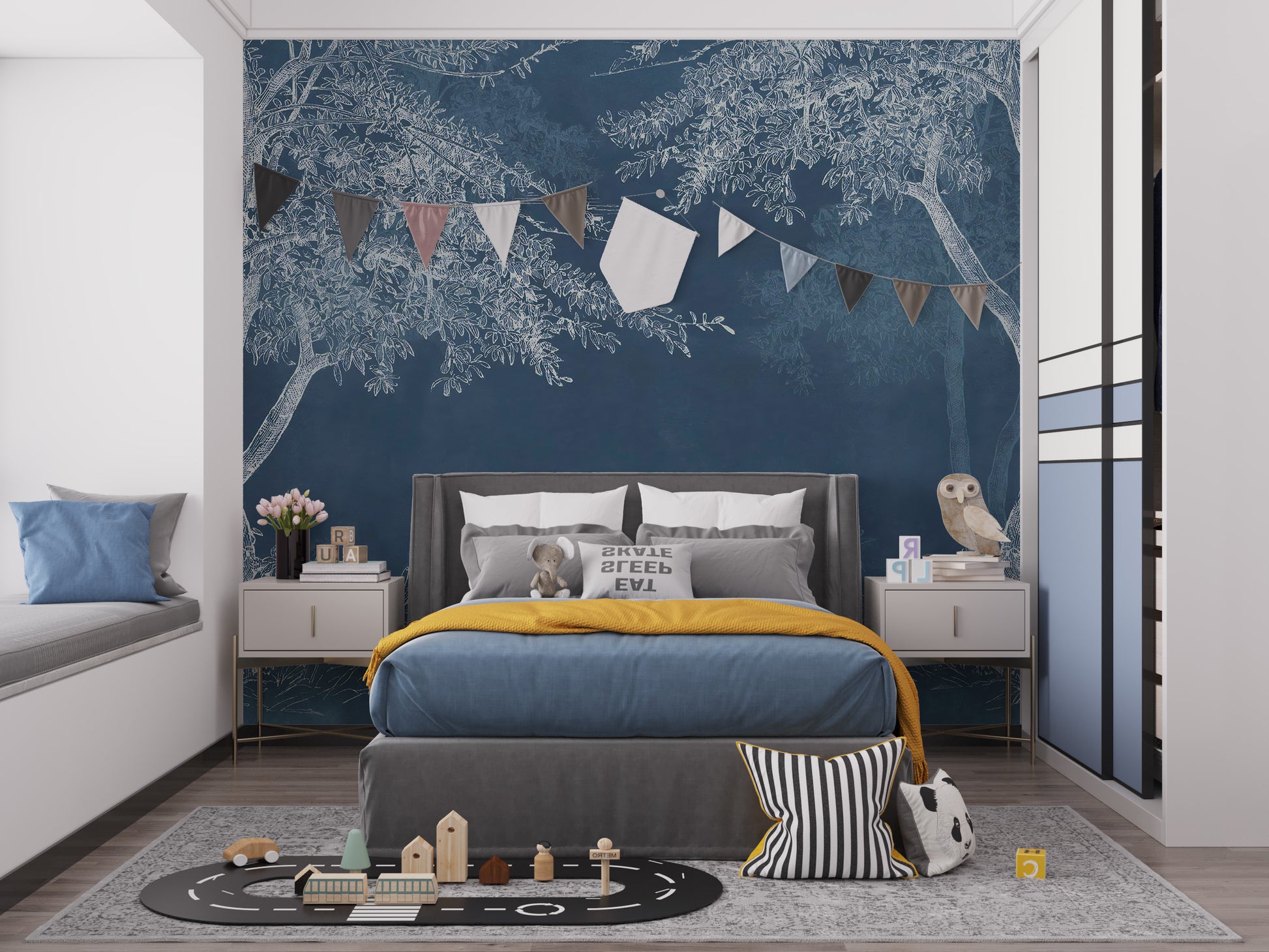 Blue Woods wallpaper mural styled along a hallway feature wall near a console in blue tones
