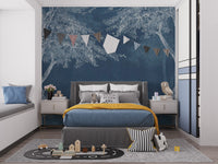Blue Woods wallpaper mural styled along a hallway feature wall near a console in blue tones