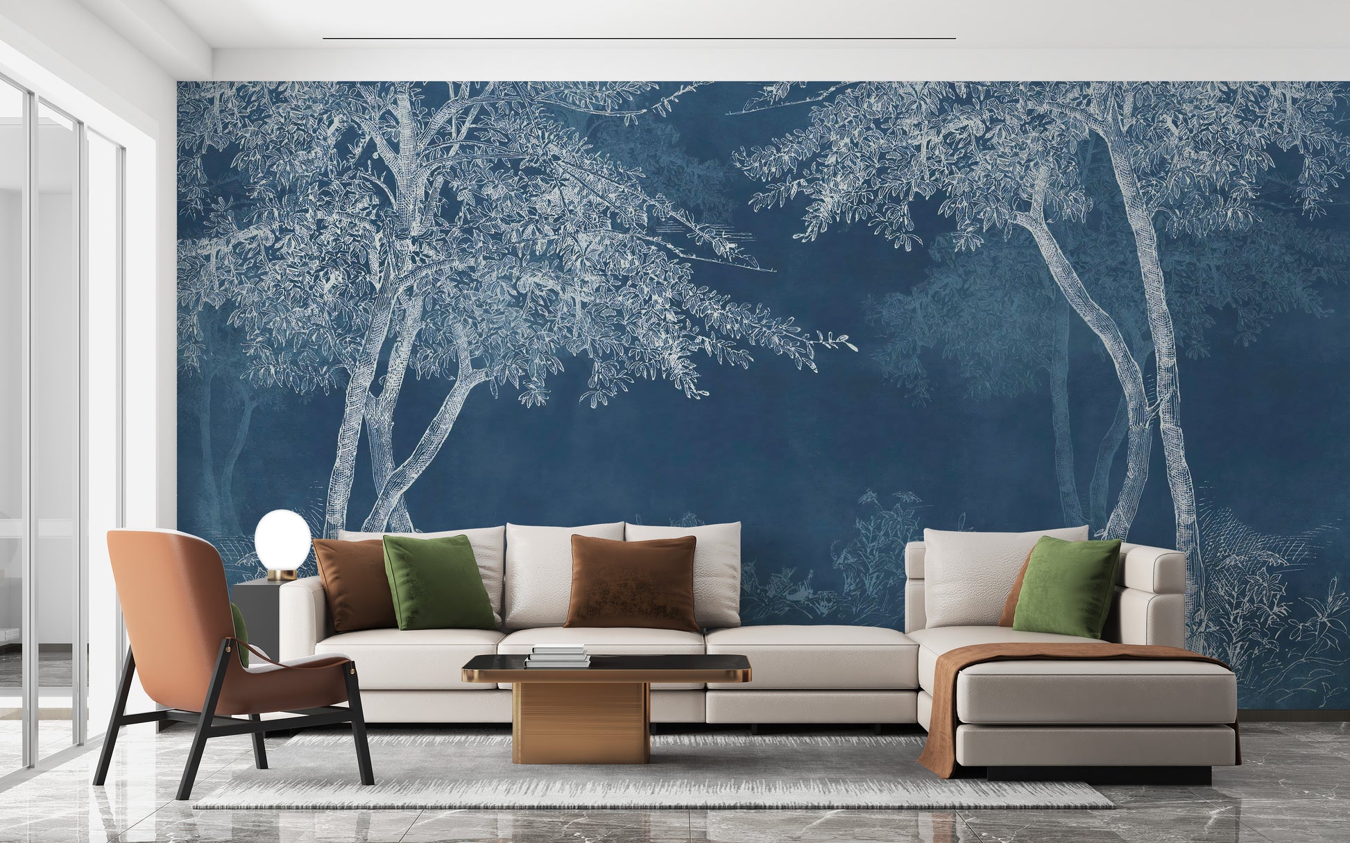 Blue Woods wallpaper mural as a feature wall in a home office workspace in blue tones