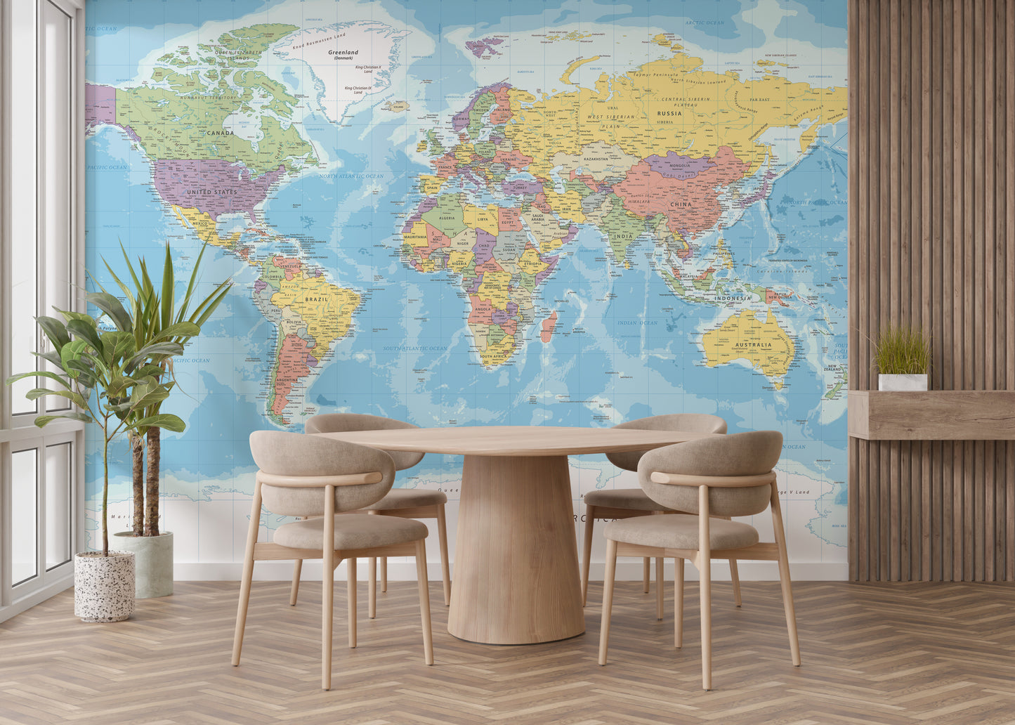 Blue World Map wallpaper mural styled along a hallway feature wall near a console in a multicolour palette