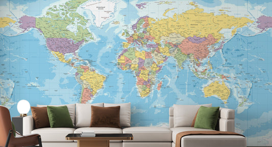 Detailed indigo cartography wall mural for a modern study room wall.