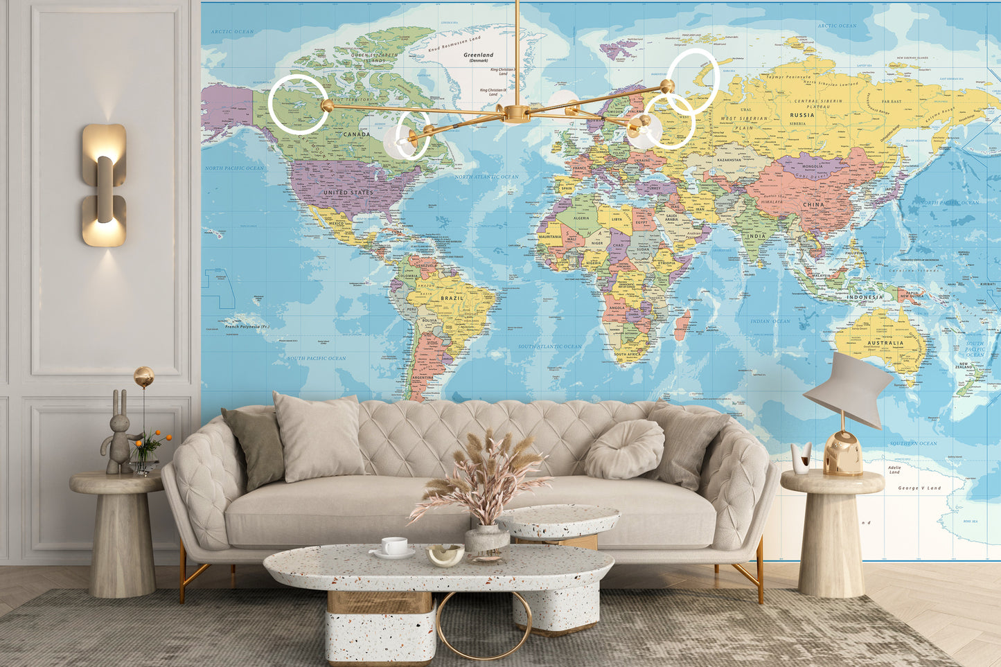 Blue World Map wallpaper mural styled as a feature wall behind a dining table and chairs in a multicolour palette