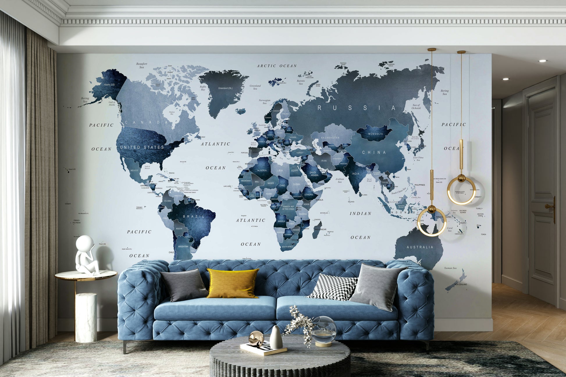 Watercolor atlas wall mural in navy

