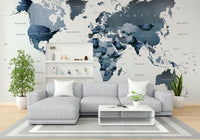 Blue gradient world map wall covering

