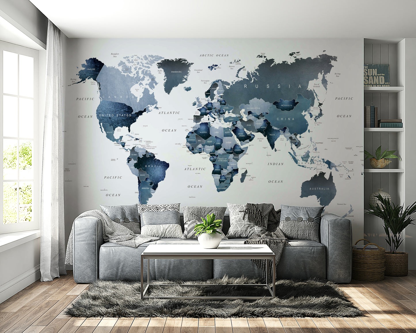 Global wall mural in cool blue hues

