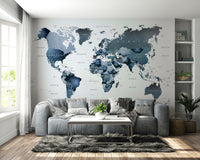 Global wall mural in cool blue hues

