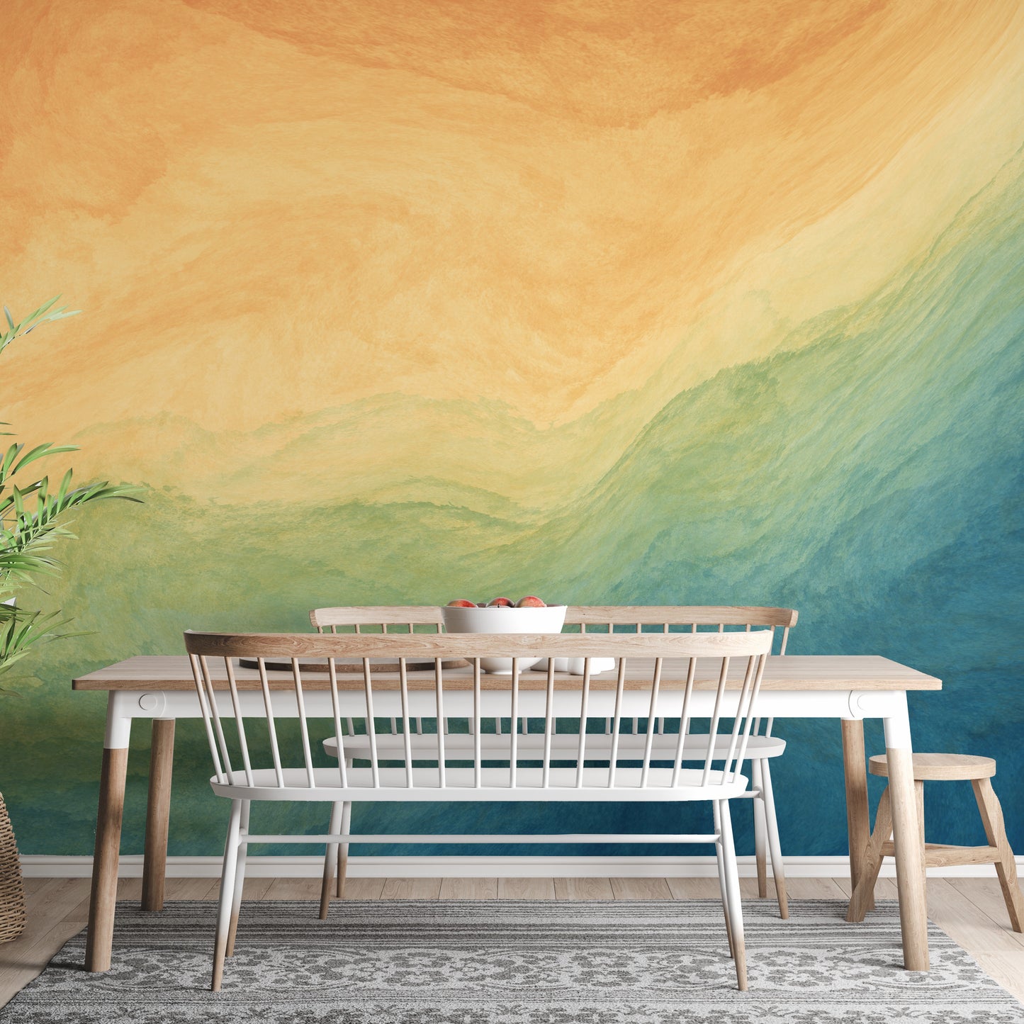 Blue & Yellow Watercolor Ombre wallpaper mural styled along a hallway feature wall near a console in blue tones