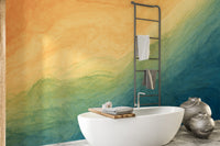 Blue & Yellow Watercolor Ombre wallpaper mural as a feature wall in a home office workspace in blue tones