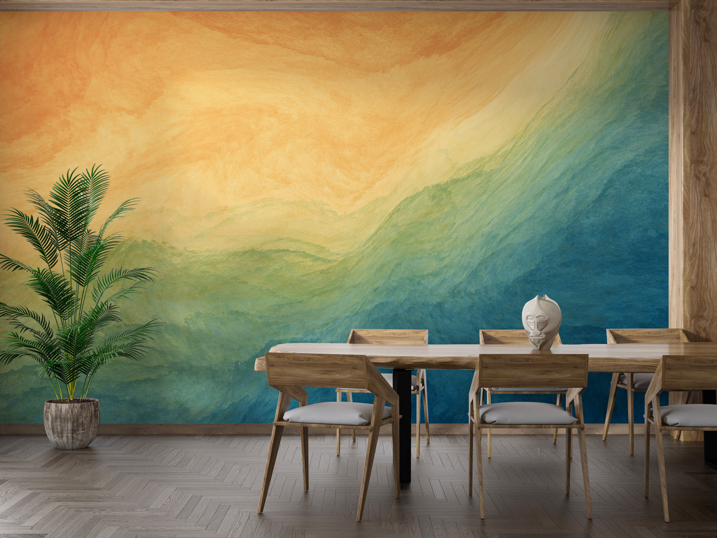 Blue & Yellow Watercolor Ombre wallpaper mural styled as a feature wall behind a dining table and chairs in blue tones
