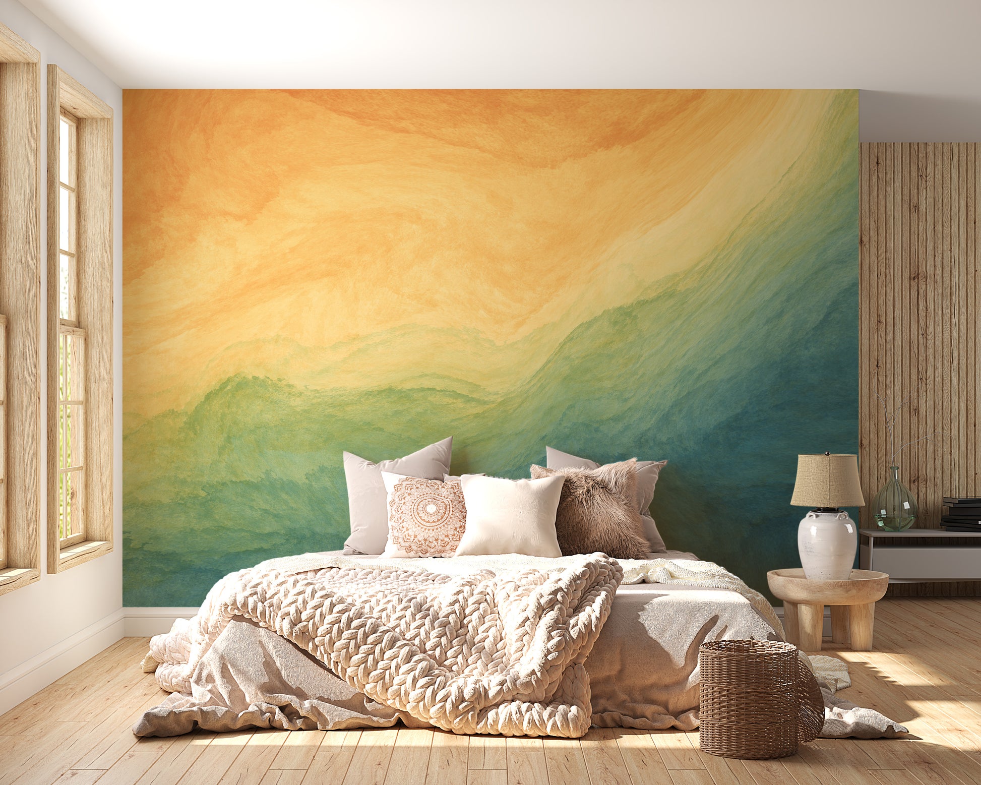 Blue & Yellow Watercolor Ombre wallpaper mural as a bedroom feature wall behind the headboard in blue tones