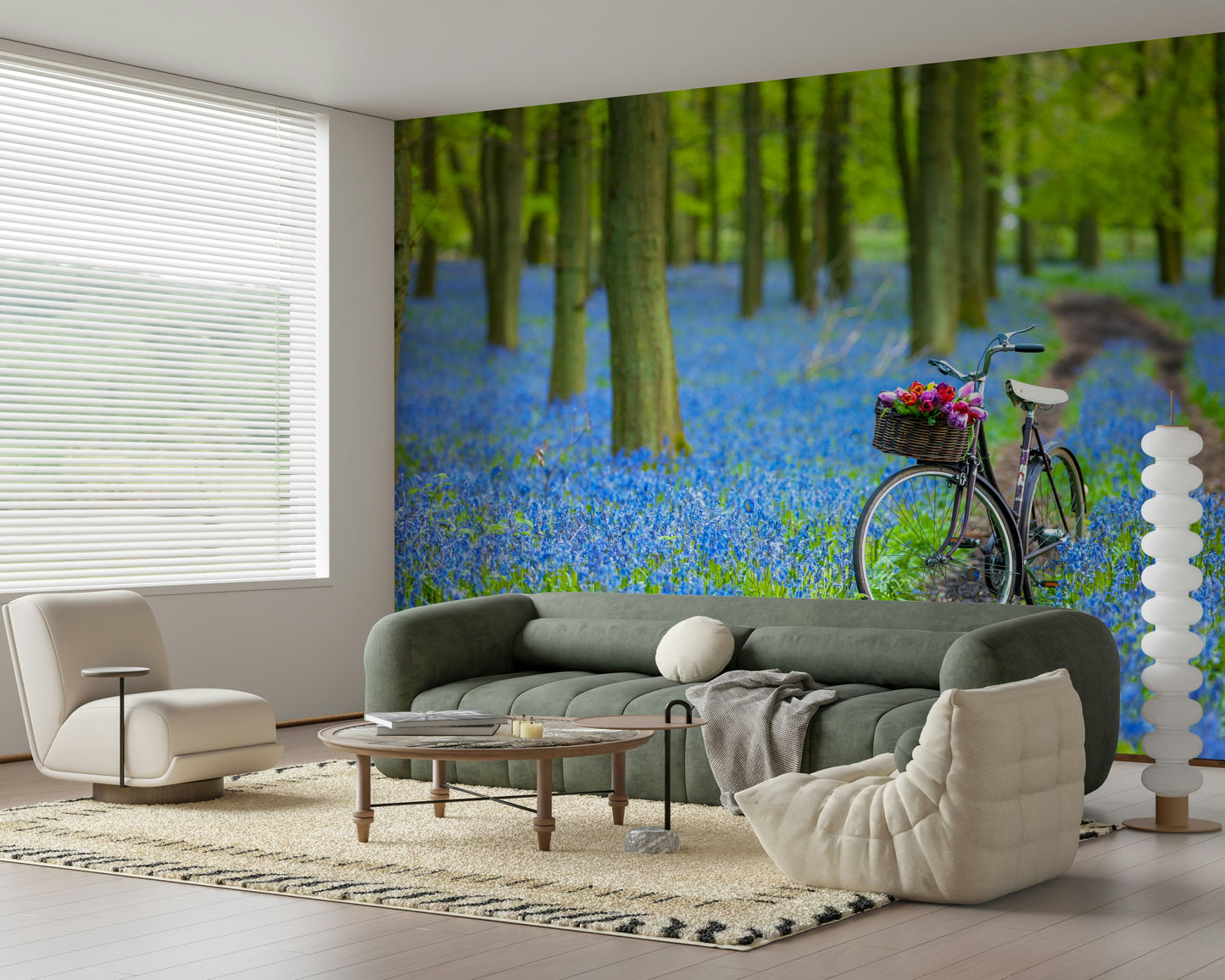 Dreamy Woodland Bike journey, rich azure flora accent home decor.