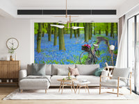 Serene Bluebell Bike Ride wallpaper, calming outdoor escape decorative mural.