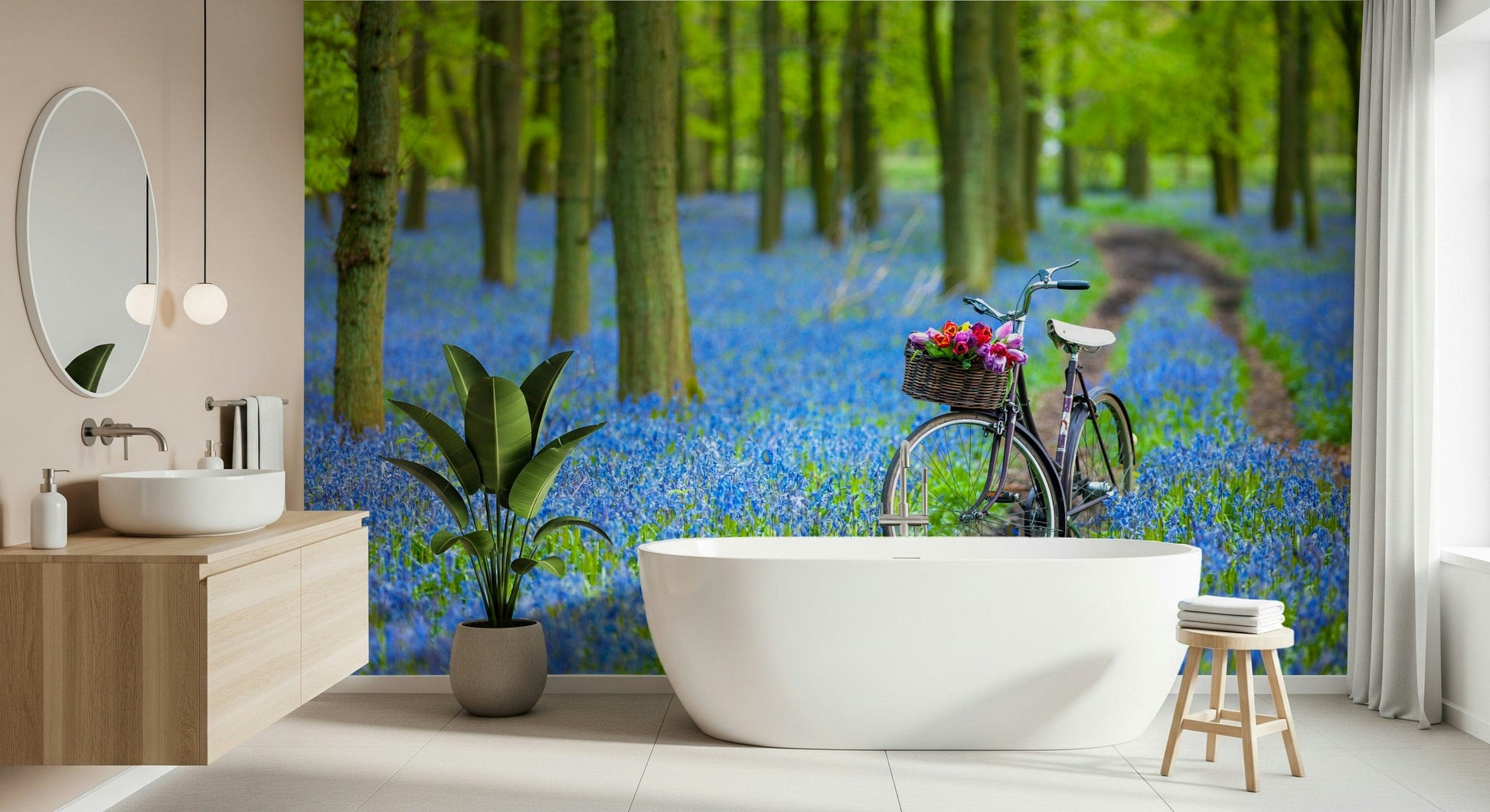 Forest Bike Ride motif, magical pathway through emerald trees wallcovering.