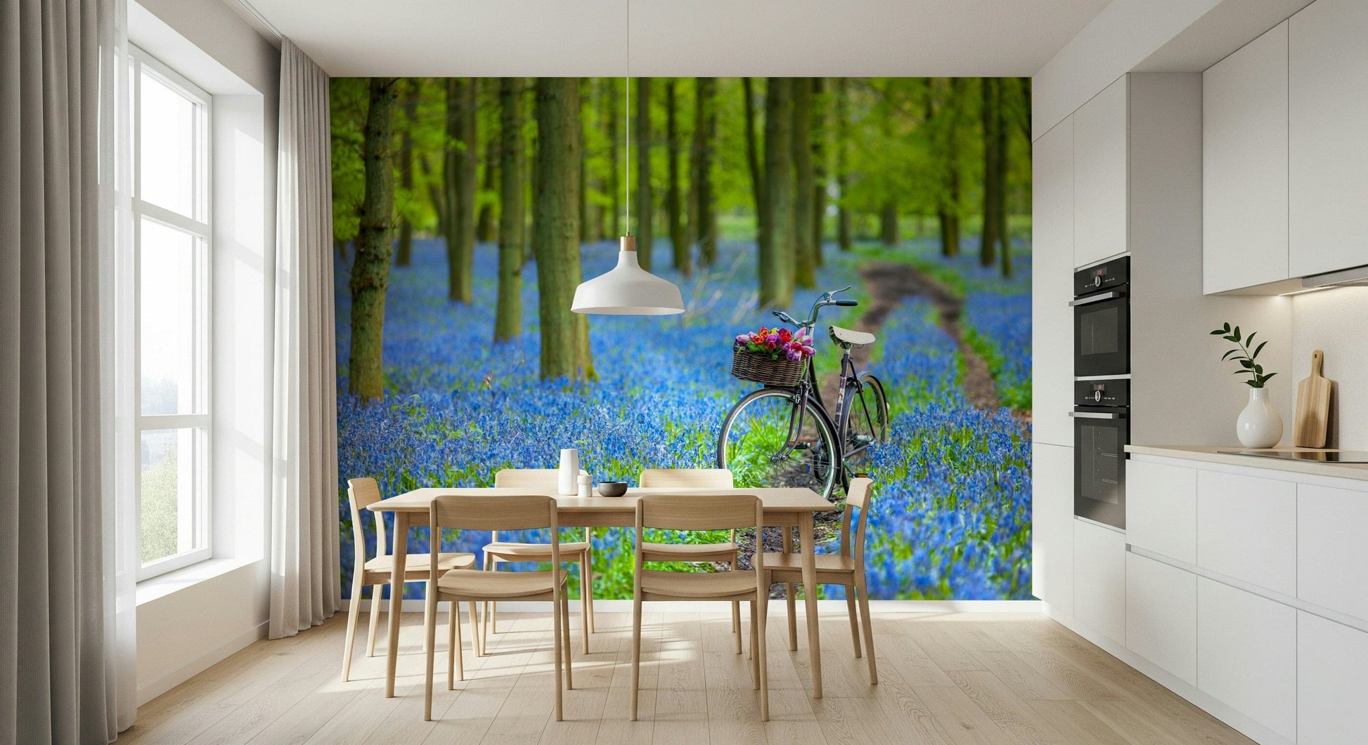 Charming Cyclist Path wall covering, intense spring blue hues feature design.