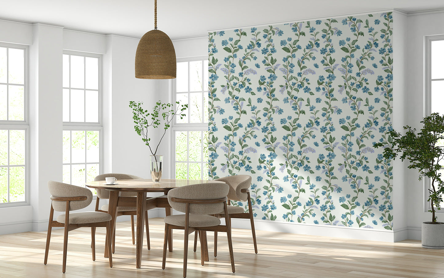 Cheerful Bluebell Bloom peel and stick wallpaper bright flower vine print.