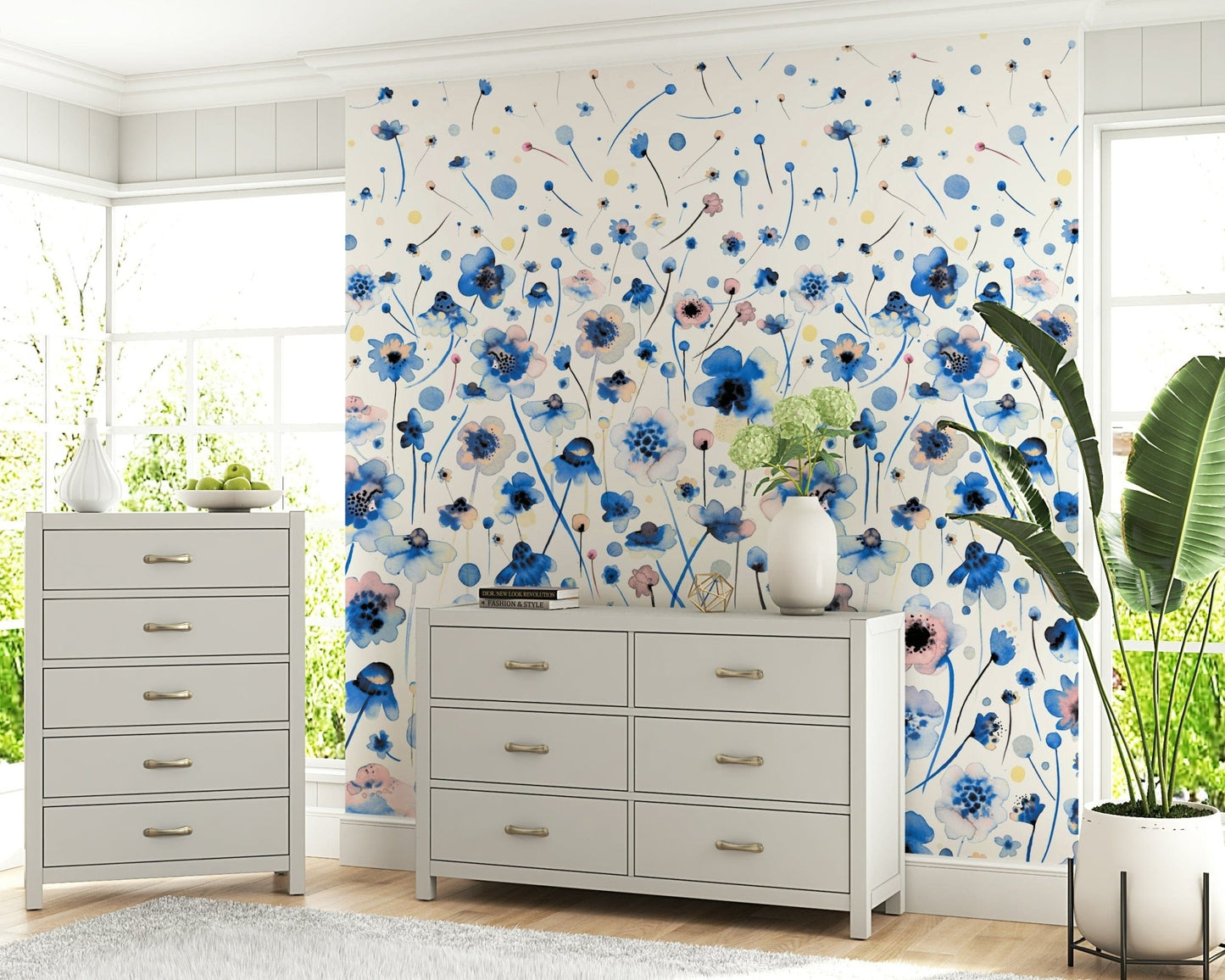 Bluebell Blush Wall Mural behind a white sofa in a family room