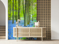Bluebell woods serene bicycle wallpaper mural artwork.
