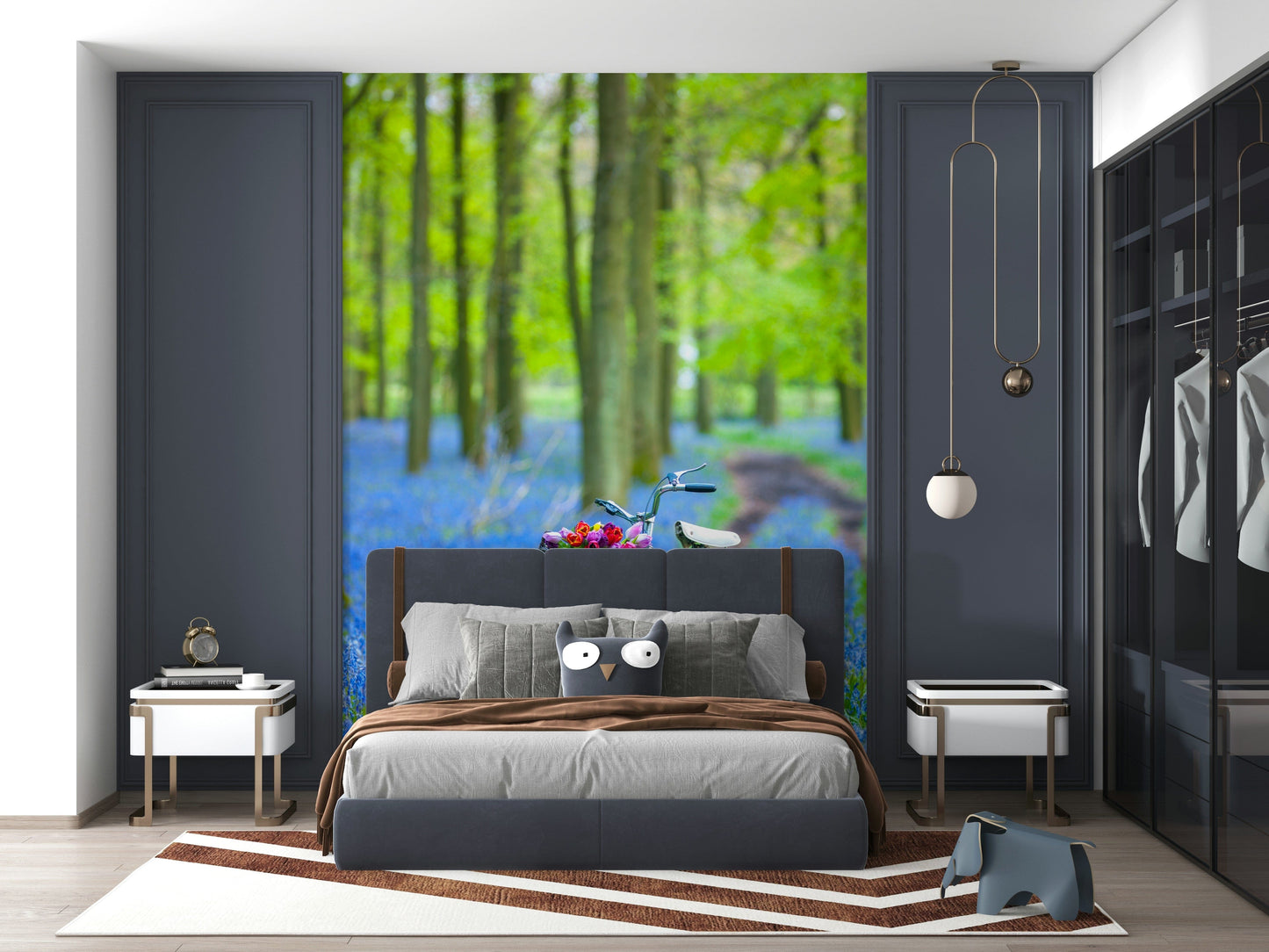 Blue flower carpet wood path wall décor Forest Path Discovery.