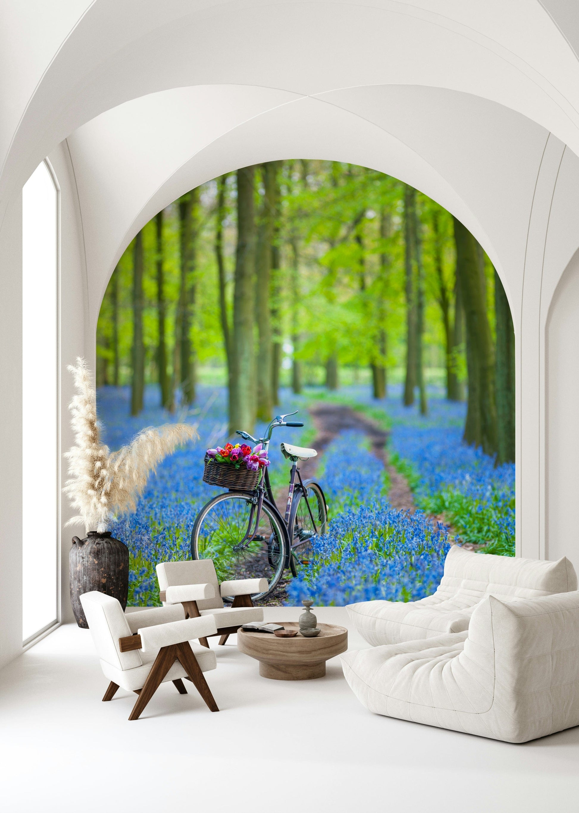 Vibrant spring forest path discovery wall covering.