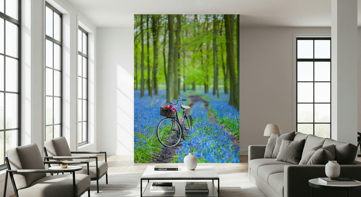 Bicycle path spring flowers wallpaper for walls.