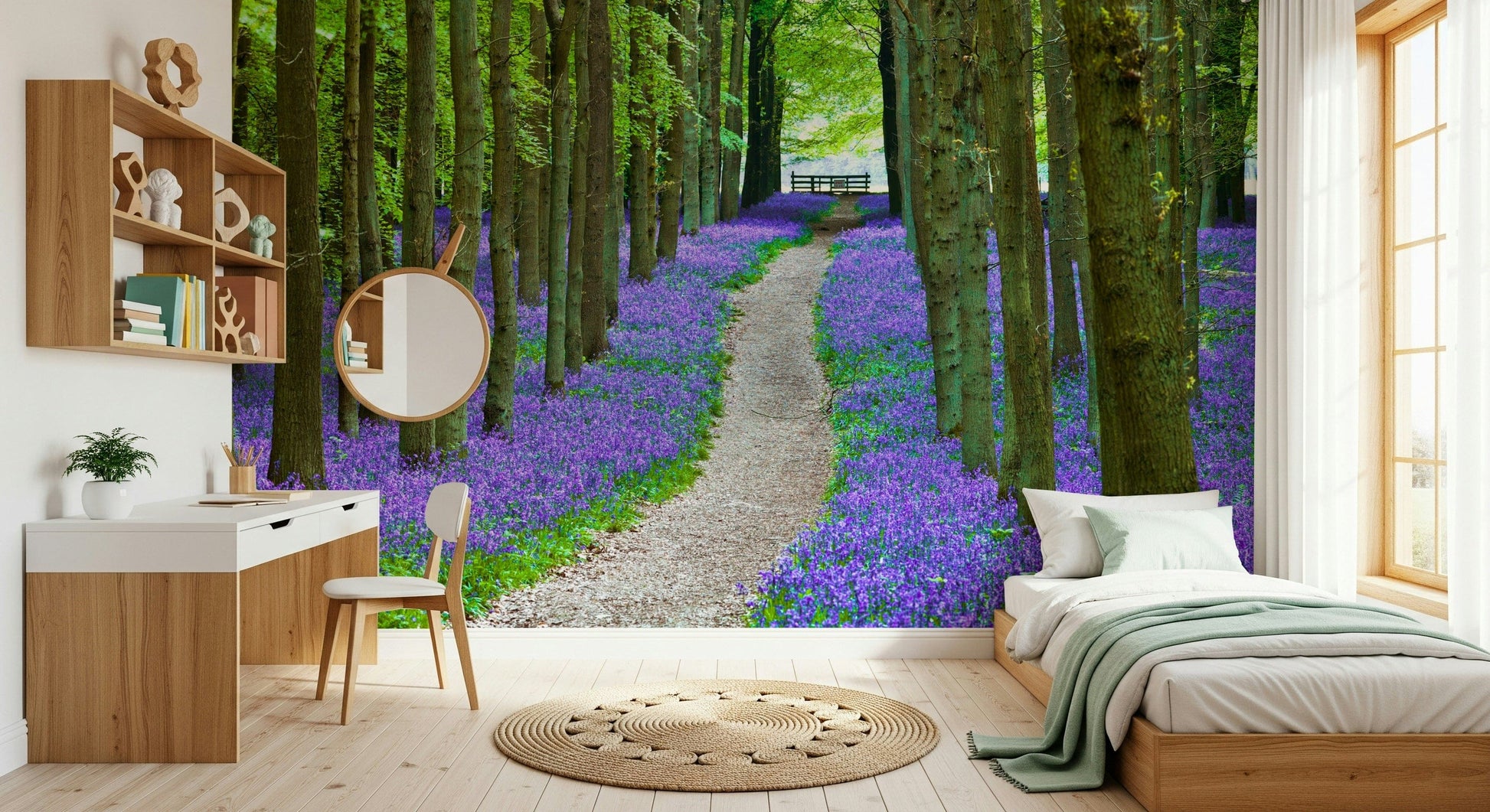 Scenic woodland wallpaper showcasing a winding trail bordered by blooming bluebells.