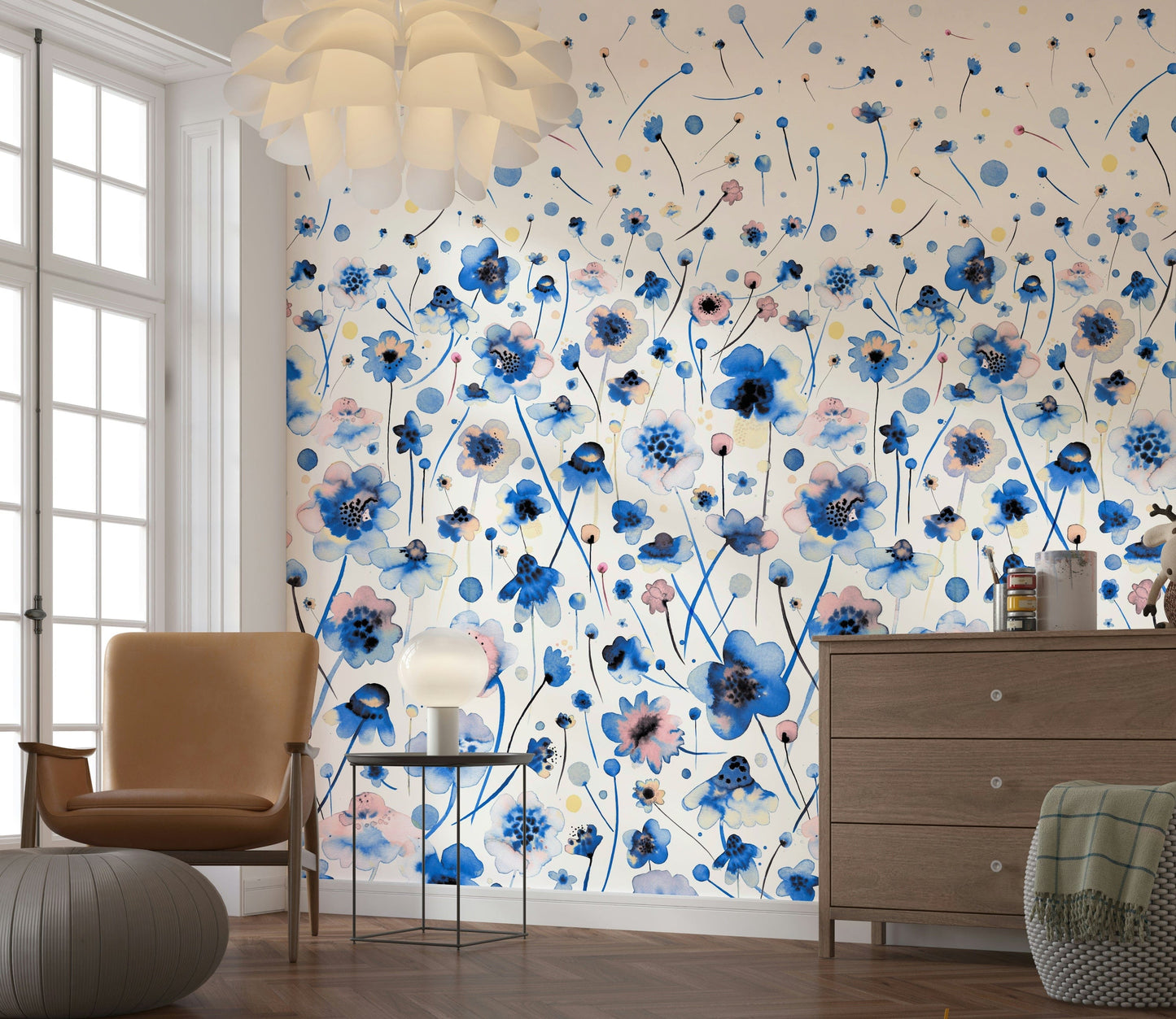 Bluebell Blush Wall Mural background for a bright home office