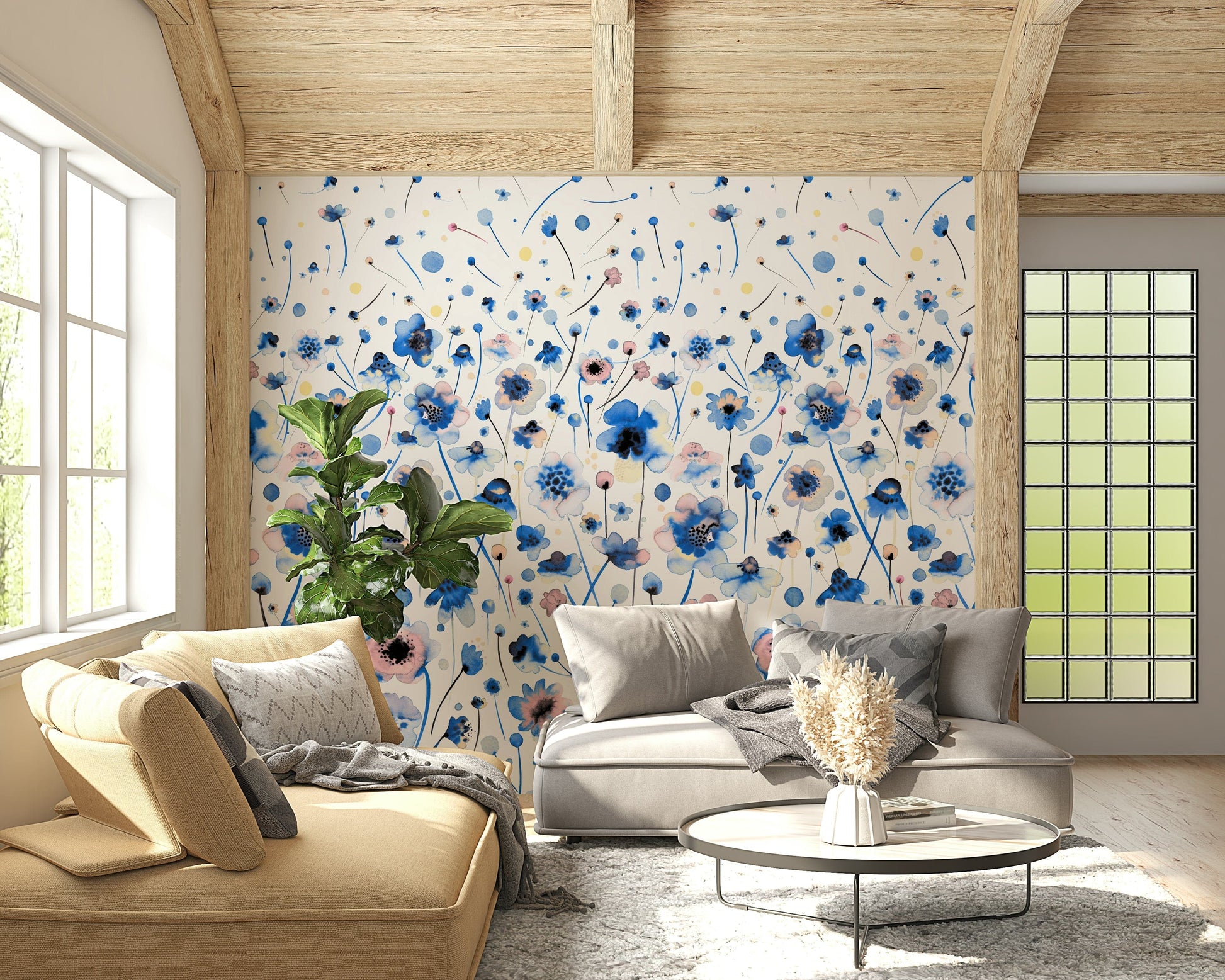 Bluebell Blush Wall Mural with soft floral patterns in a living room