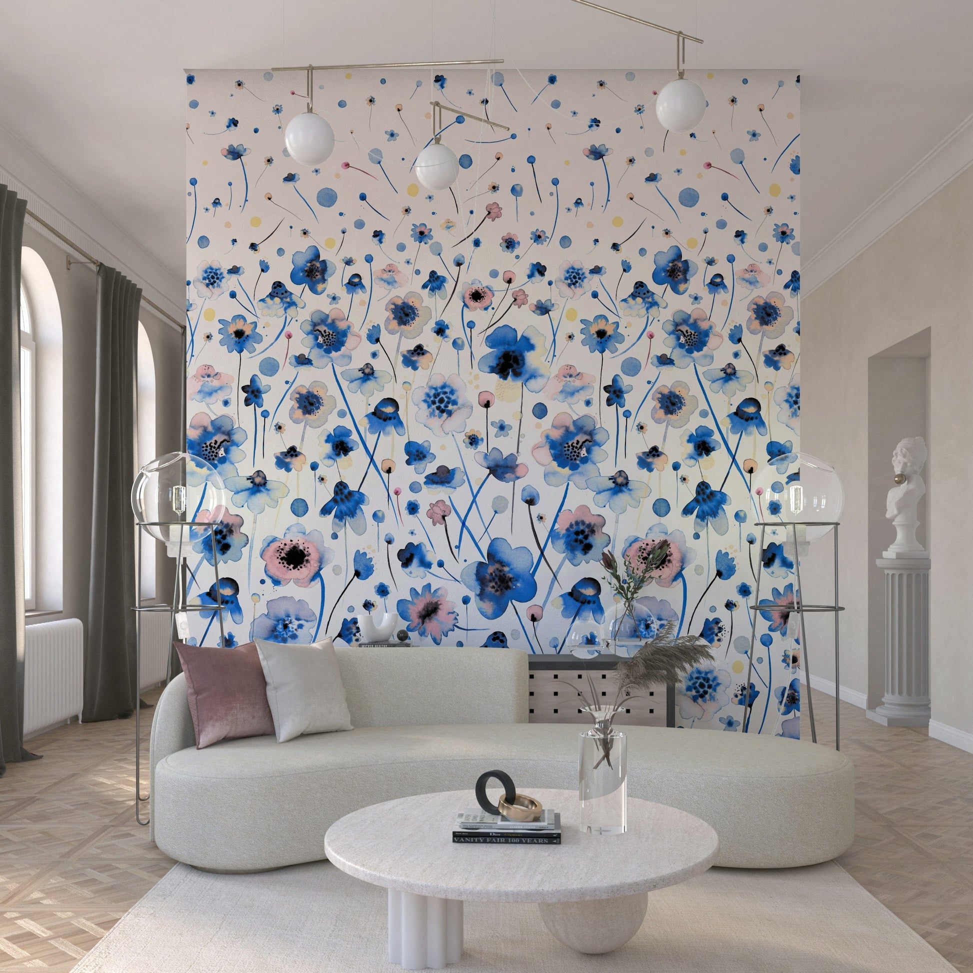 Pink and blue flower wallpaper installed in a modern apartment bedroom