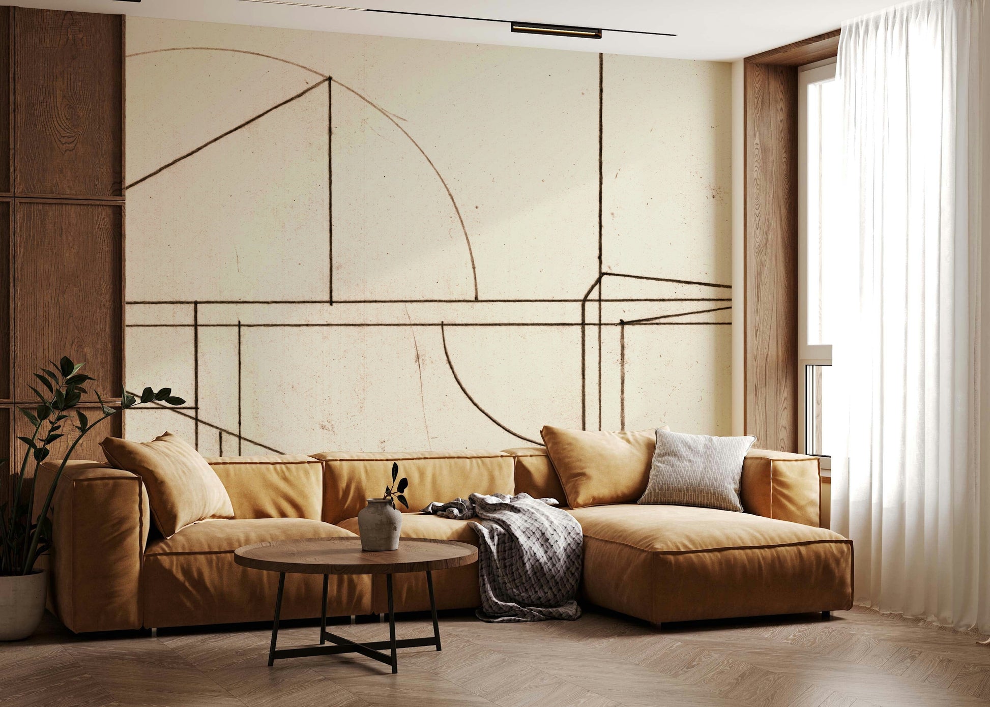 An artistic abstract line art mural on minimalist wallpaper.