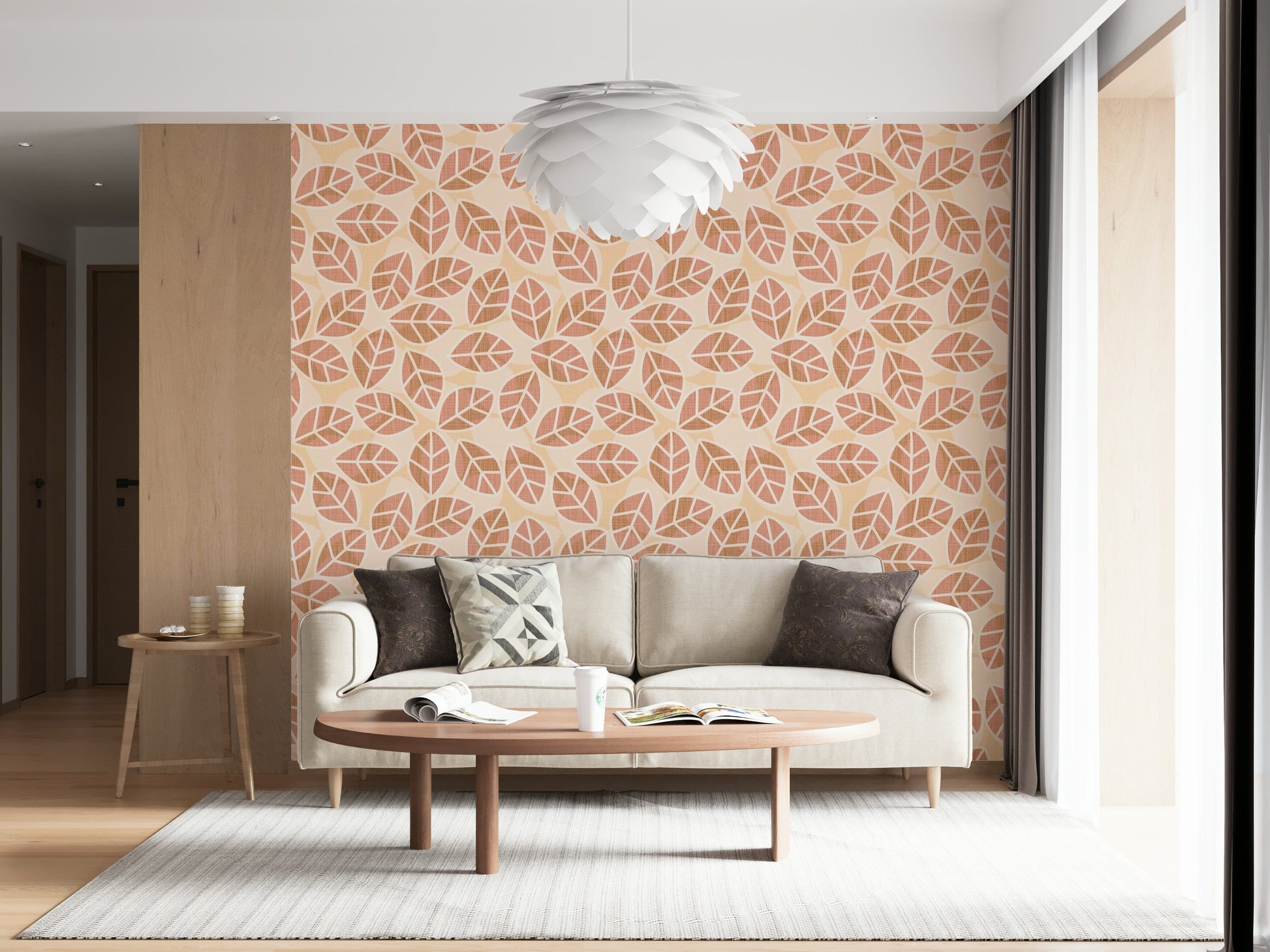 Elegant Autumn Leaves Wallpaper – Refined wallpaper design featuring muted blush and amber leaves for a cozy atmosphere.