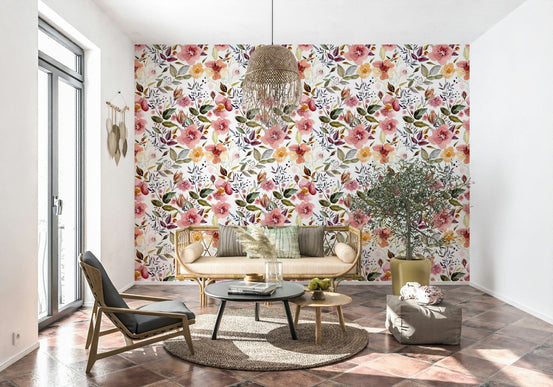 Blush Bloom Echo botanical watercolor floral wall mural decor.
