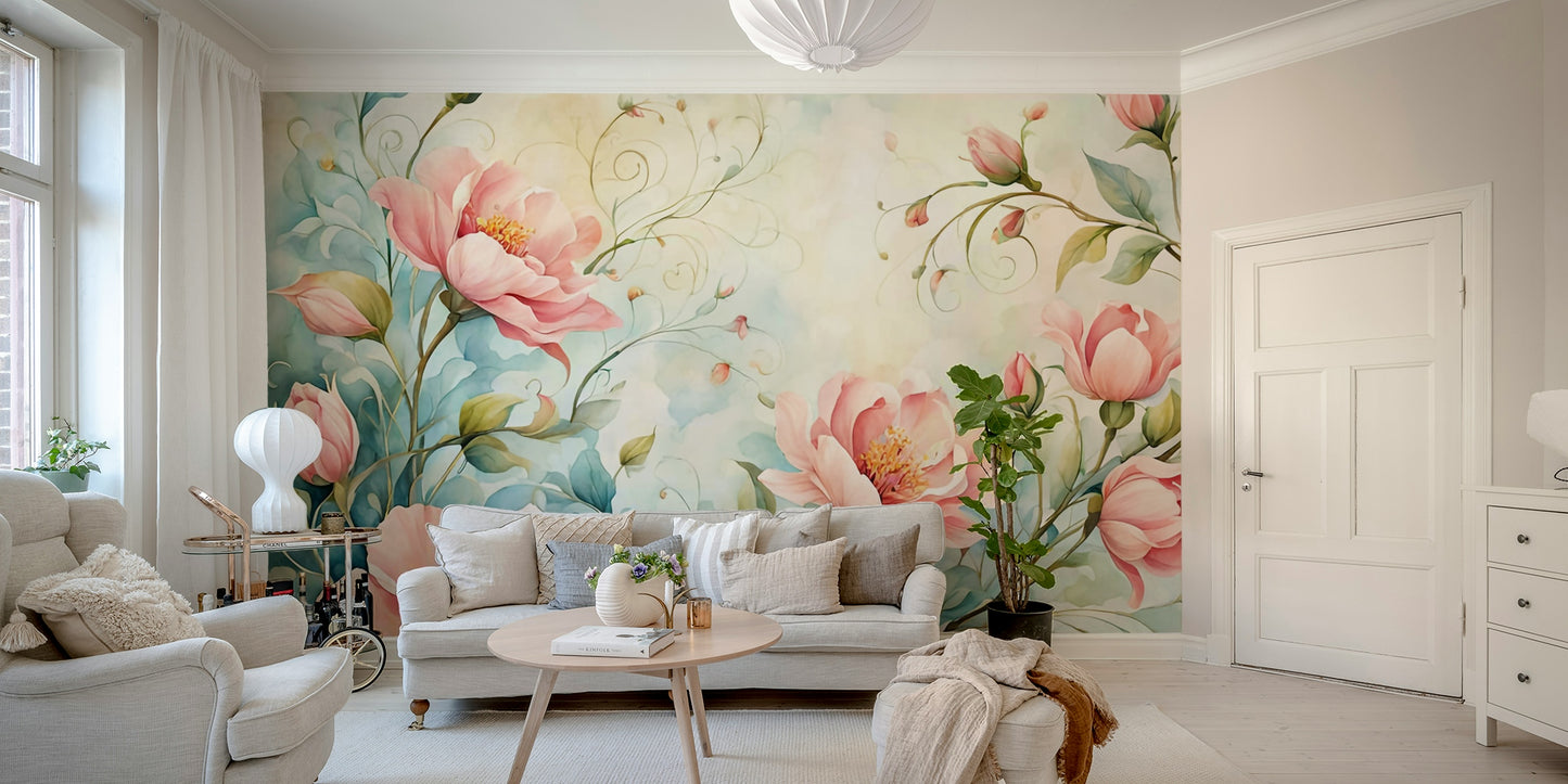 Romantic pink flower wallpaper with rhapsody-style design


