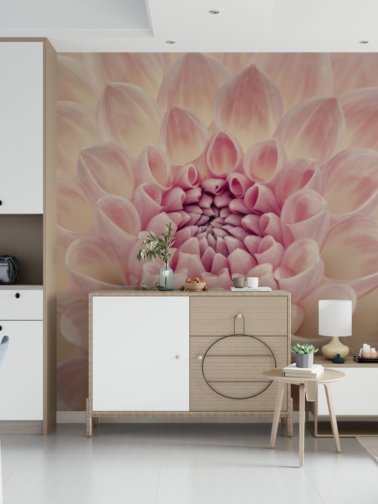 Blush Bloom wallpaper mural of a pink dahlia flower behind a white and wood sideboard console in an entryway