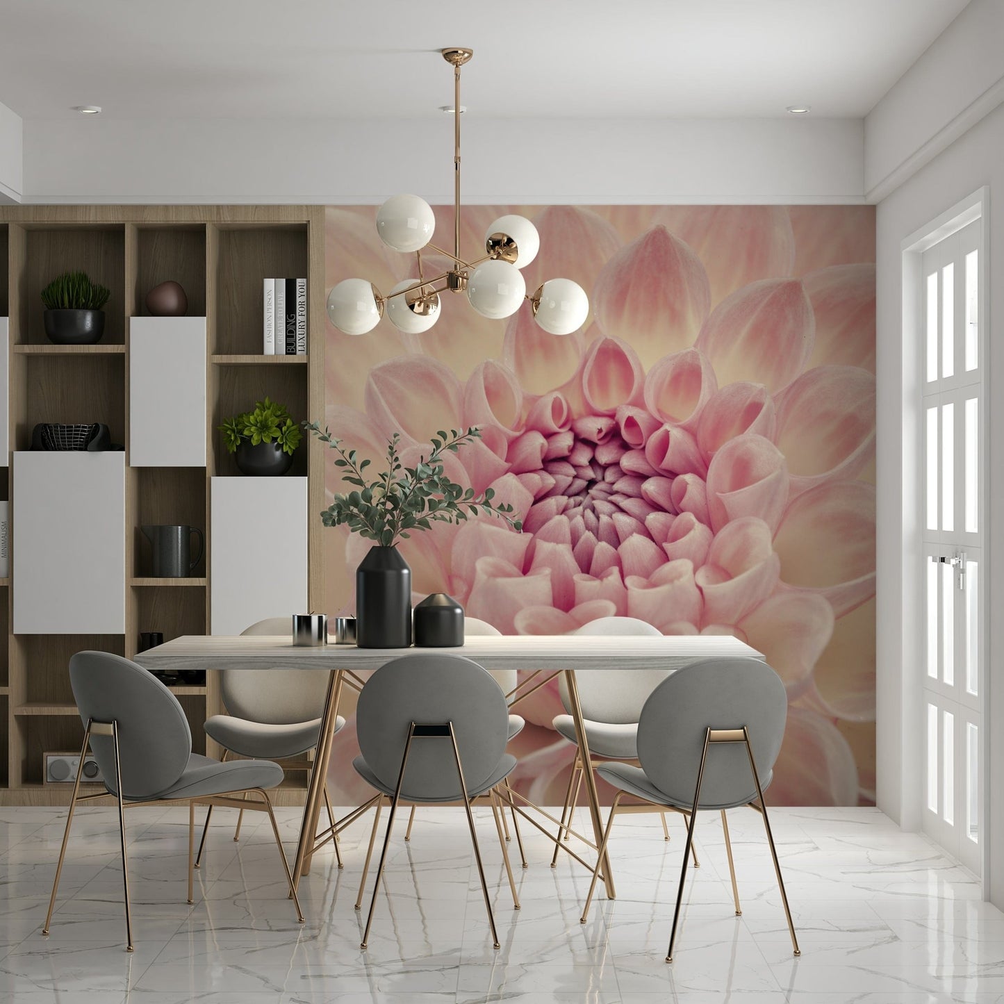 Blush Bloom wallpaper mural of a pink dahlia behind a dining table with grey chairs and gold globe chandelier