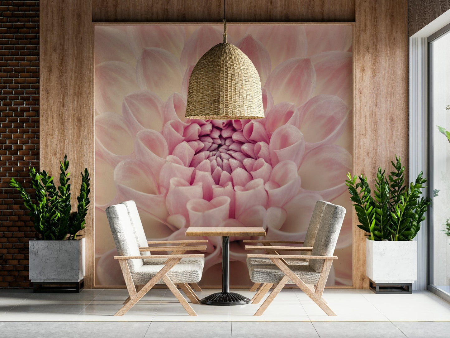 Blush Bloom wallpaper mural of a pink dahlia flower behind two grey armchairs and a small table in a dining nook