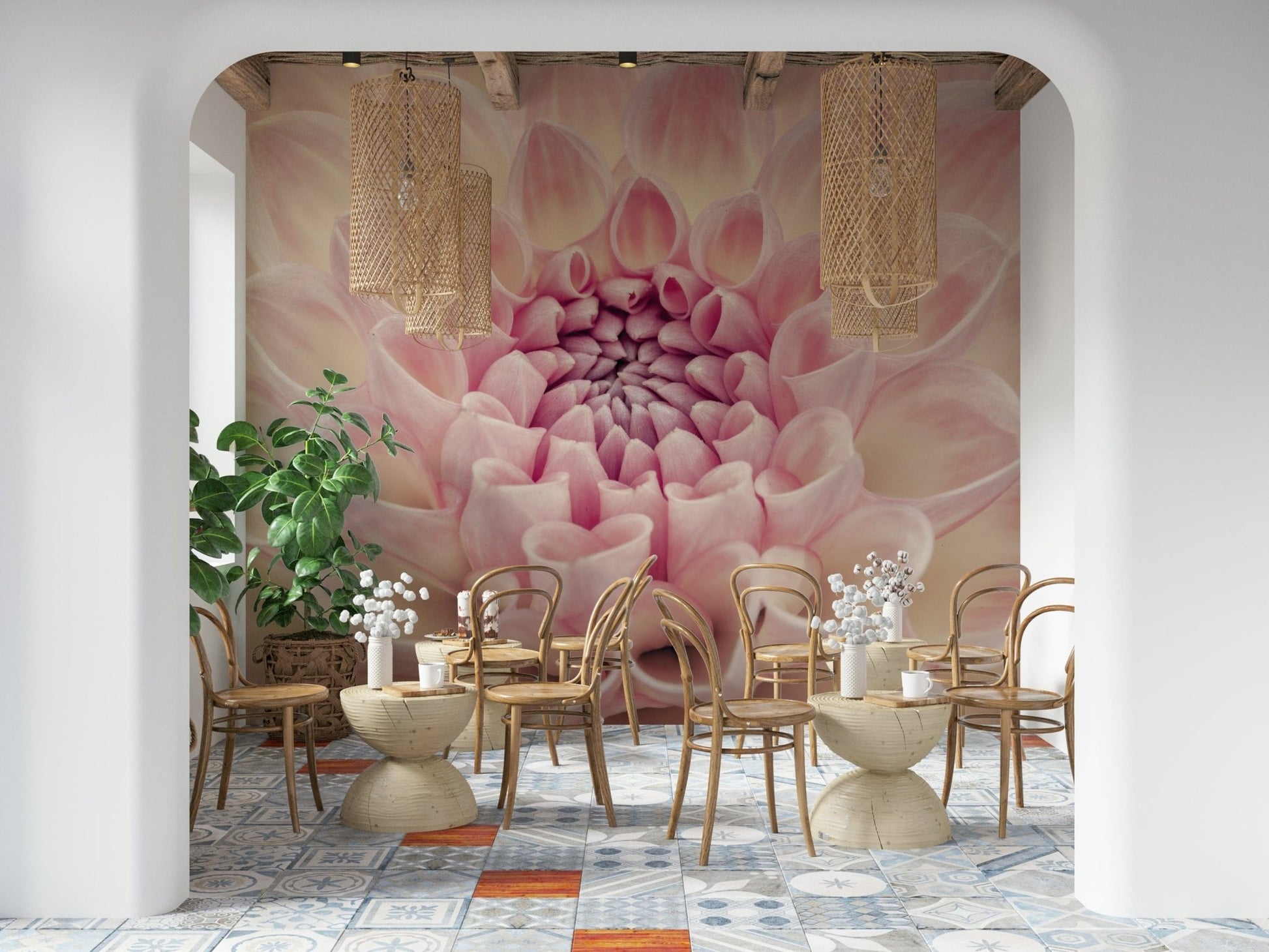 Blush Bloom wallpaper mural of a pink dahlia behind bentwood cafe chairs on a patterned tile floor