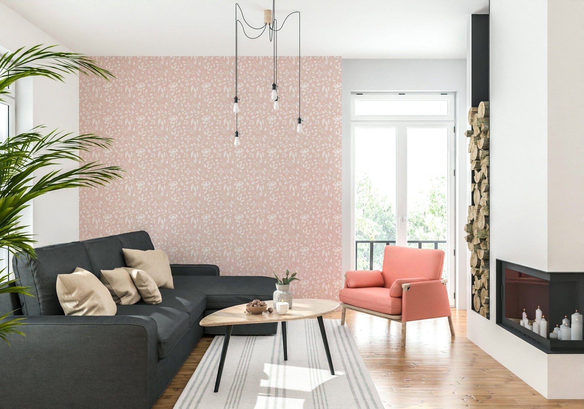 A delicate floral wallpaper in blush shades, designed with subtle spring blossoms for a soothing effect.