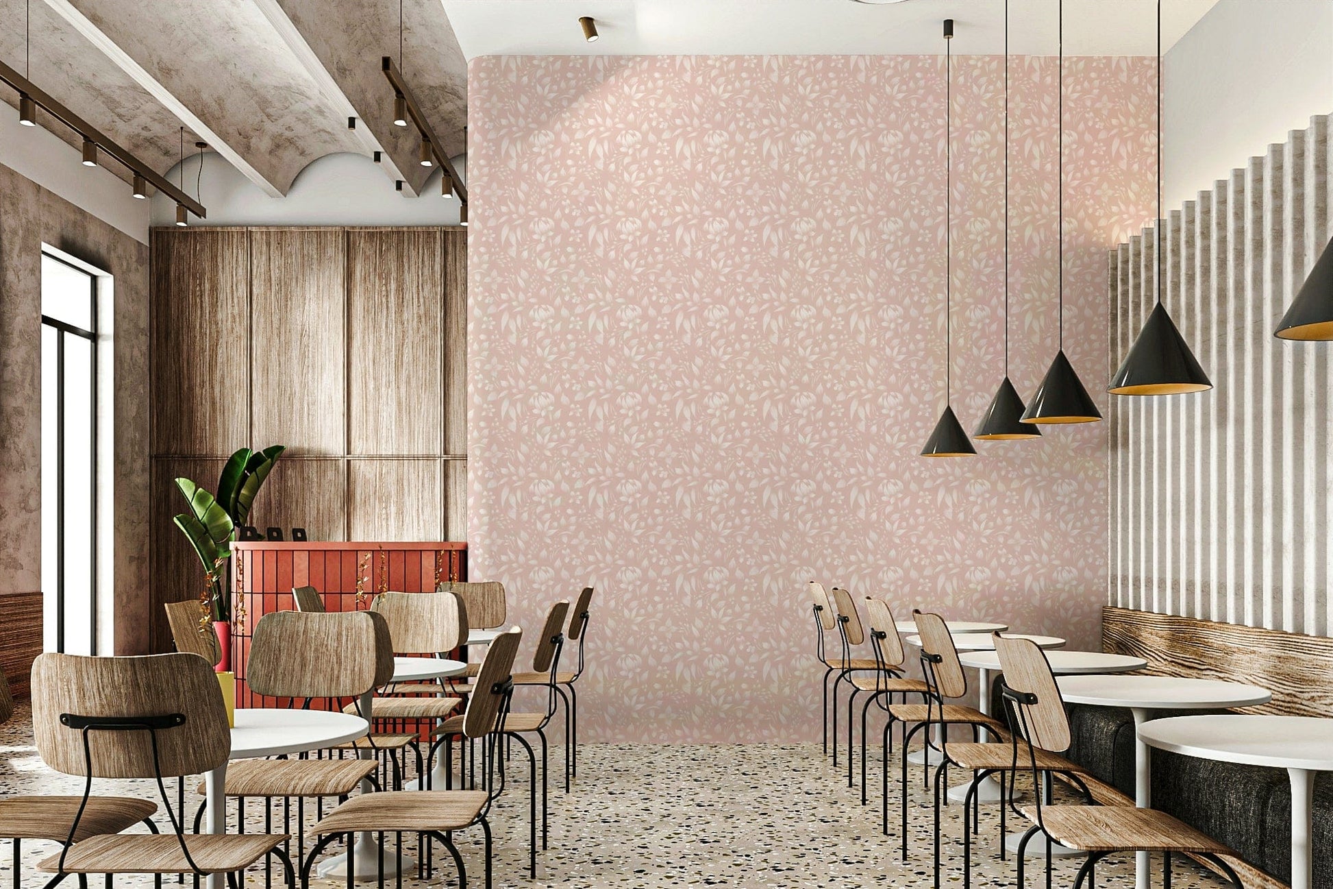 A blush-toned wallpaper with dainty spring flowers creating a peaceful, elegant atmosphere.
