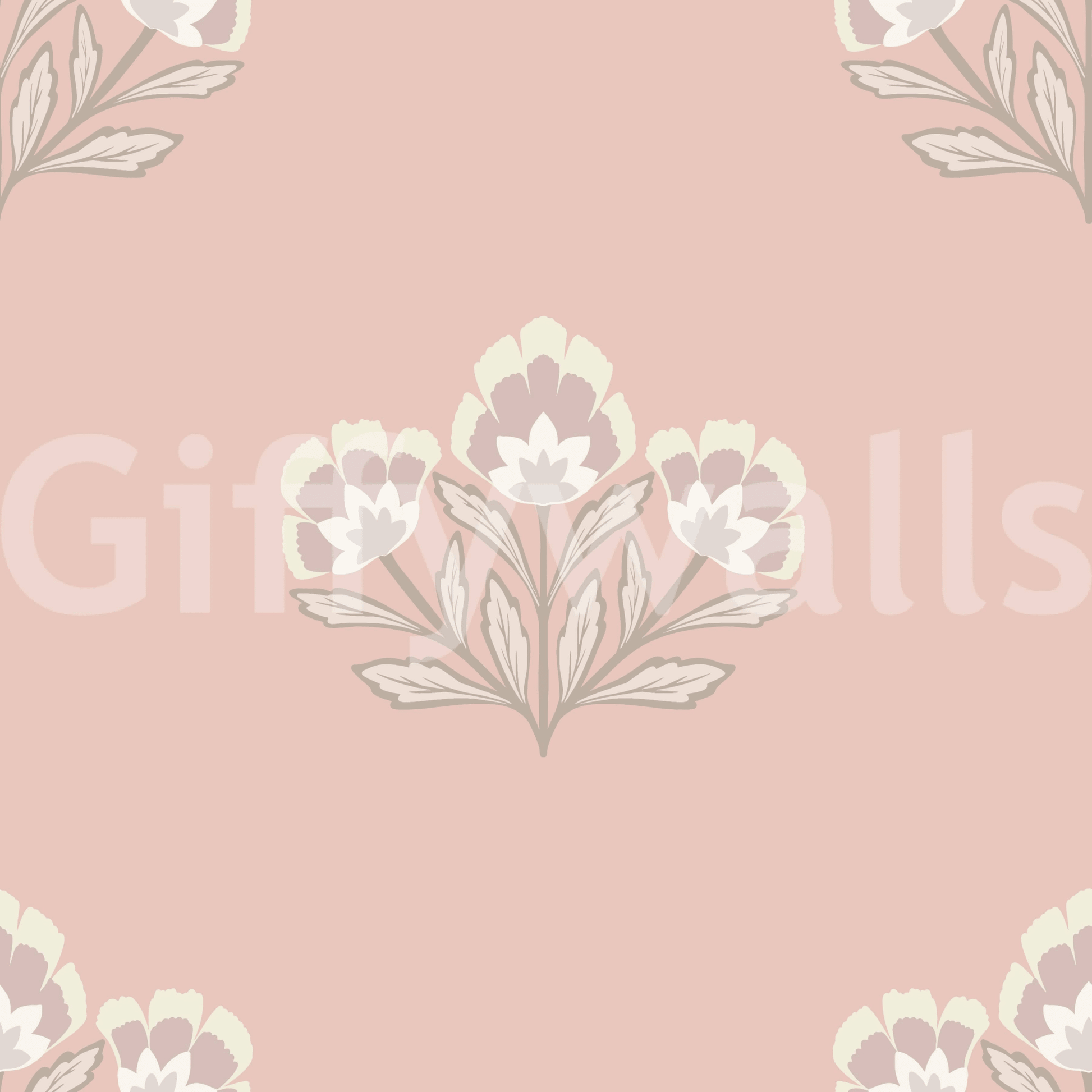 Rosy pink wallpaper, classic flower emblem, harmonious design element repeat.