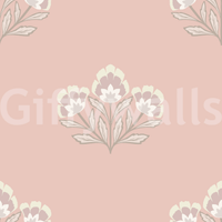 Rosy pink wallpaper, classic flower emblem, harmonious design element repeat.