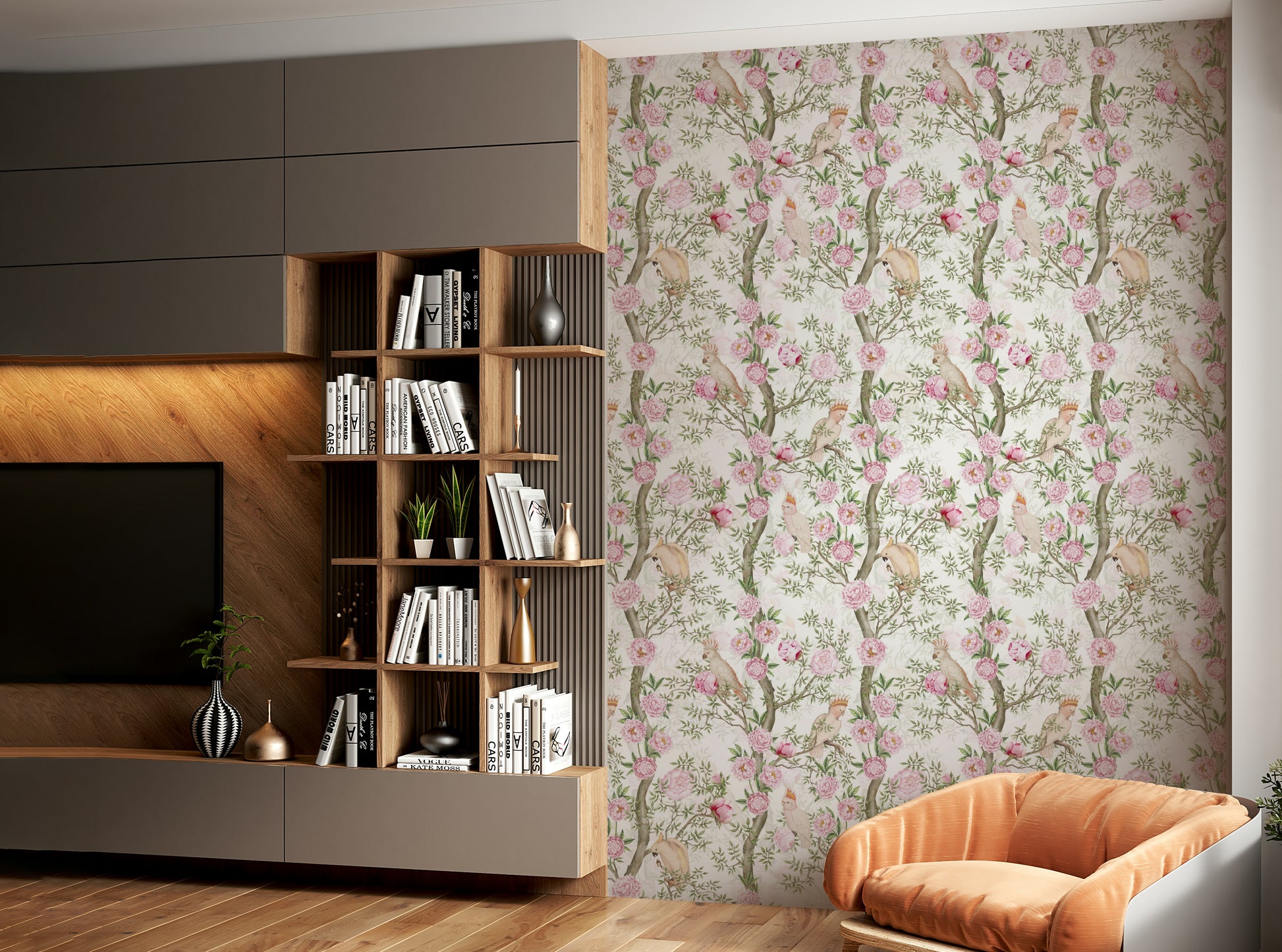Romantic mural wallpaper featuring blush blooms and tropical birds.

