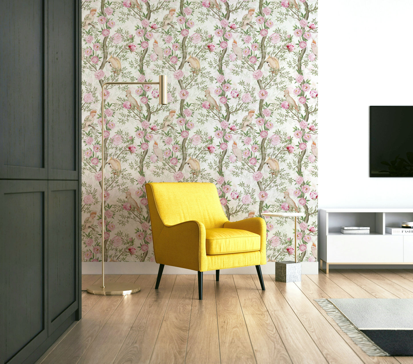 Vintage-style wallpaper featuring birds and blooming pink flowers.

