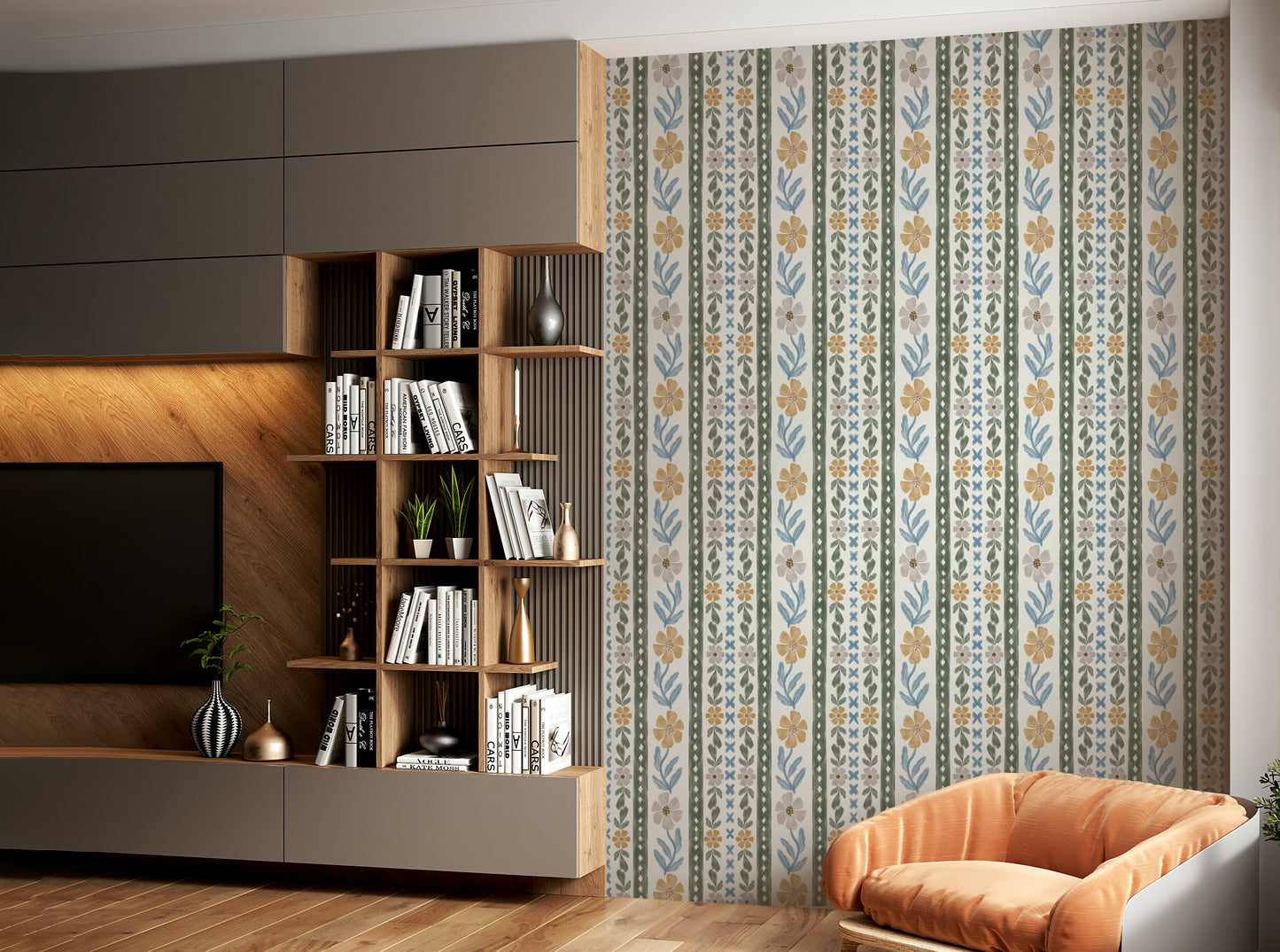 Blush and blue botanical wallpaper close-up detail

